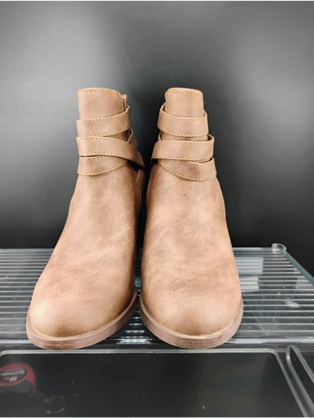 Toetos Brown Faux Leather Ankle Boots With Side Buckles & Block Heels 6.5